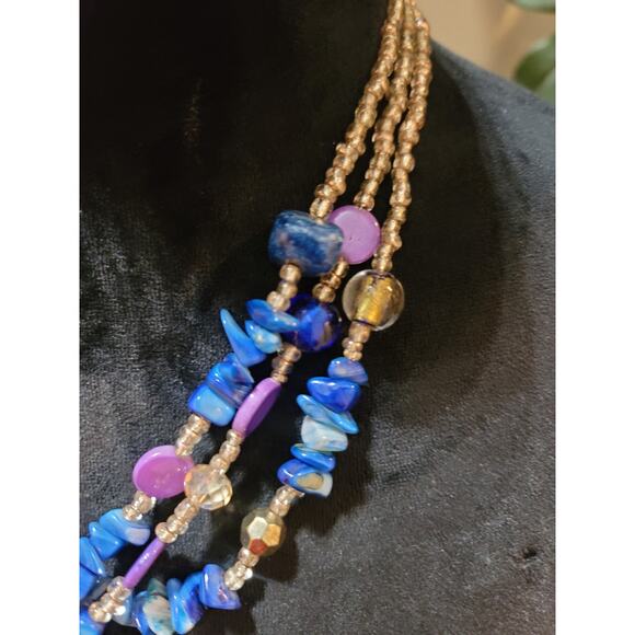 Women's Purple Teardrop Pendant Necklace With Blue Beads And Multi Strand Design - Picture 4 of 7